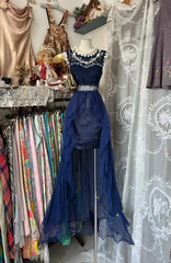 Blue sleeveless fitted waist long ball gown R7518