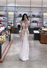 White halter neck, fitted waist, slimming and sexy long ball gown R7905