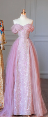 Light Purple Off-the-Shoulder Fitted-Waist Slim-Fit A-Line Long Prom Dress / Bridal Gown R5918
