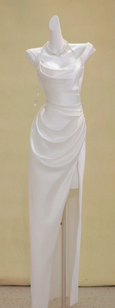White one-shoulder slim-waist satin pleated slit maxi bridal gown R5766
