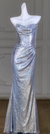Silver Sequined Strapless Waist Slim Pleated Hip Ball Gown Bridal Gown R5802