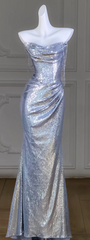 Silver Sequined Strapless Waist Slim Pleated Hip Ball Gown Bridal Gown R5802