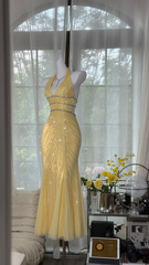 Light yellow halter-neck sequined fitted waist bodycon long ball gown R7635