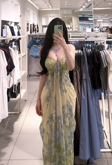 Light green floral print strapless fitted waist sexy long ball gown R7906