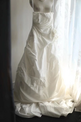 White strapless, fitted waist, full skirt, long ball gown R6720