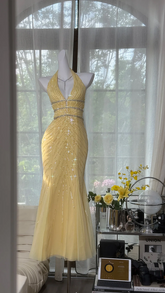 Light yellow halter-neck sequined fitted waist bodycon long ball gown R7635
