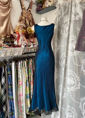 Vintage-style elegant deep peacock blue fitted satin gown, ball gown R6281