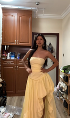 Light yellow strapless fitted waist slim-fitting slit sexy long ball gown R7598