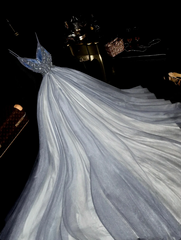 Silver halter-neck rhinestone high-waisted tulle skirt long ball gown R7000