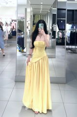 Yellow strapless sexy fitted waist slit long ball gown R7907