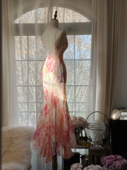 Pink floral print halter-neck fitted bodycon long ball gown R7716