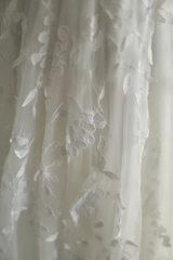 White strapless, fitted waist, floral print long ball gown R6800