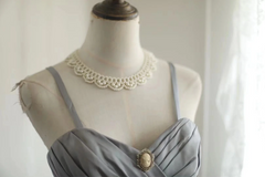 Grey halter-neck, fitted, pleated, elegant long ball gown R6839