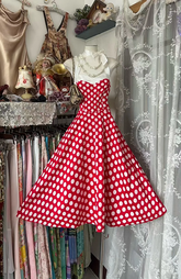 Red halter-neck long dress with white polka dots and a fitted waist, long ball gown R7827