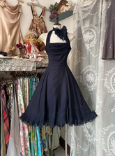 Navy blue halter neck fitted waist full skirt short ball gown R7479
