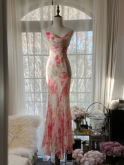 Pink floral print halter-neck fitted bodycon long ball gown R7716
