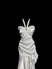 White halter-neck, fitted waist, pleated, irregularly shaped midi skirt ball gown R6682