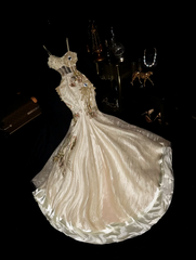 Apricot-colored halter-neck rhinestone-embellished, fitted, elegant long ball gown R6921
