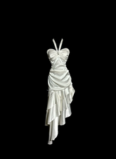 White halter-neck, fitted waist, pleated, irregularly shaped midi skirt ball gown R6682