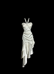 White halter-neck, fitted waist, pleated, irregularly shaped midi skirt ball gown R6682