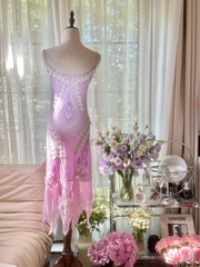 Light purple halter-neck fitted midi ball gown with an asymmetrical hem R7790