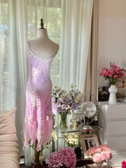 Light purple halter-neck fitted midi ball gown with an asymmetrical hem R7790