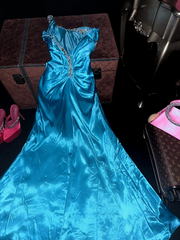 Lake blue one-shoulder fitted waist slim-fit pleated long ball gown R7042