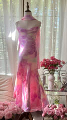 Light pinkish purple halter-neck fitted fishtail long ball gown R7791