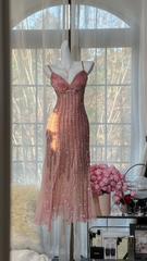 Light pink halter-neck fitted waist rhinestone long ball gown R7603