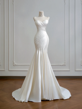 White strapless, fitted, pleated, long fishtail ball gown R8162