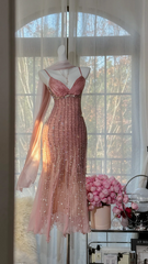 Light pink halter-neck fitted waist rhinestone long ball gown R7603