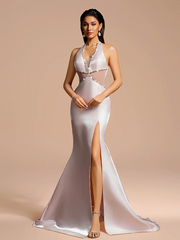 Light purple halter neck fitted waist long ball gown R8884