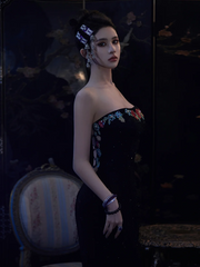 Black Strapless Ruched-Waist Bodycon Mermaid Prom Dress R7087