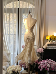 Light apricot halter-neck fitted waist bodycon long ball gown R7723