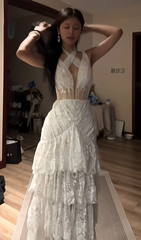 White halter neck, fitted waist, and elegant tiered skirt ball gown R8077
