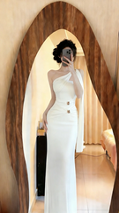 White one-shoulder fitted waist sexy ball gown R9064