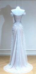 Silver sequined off-the-shoulder fitted long ball gown R6427