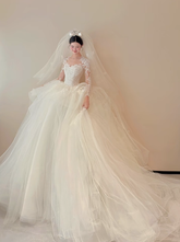 White lace top waist slim fit puffy skirt tulle long dress bridal dress R6029
