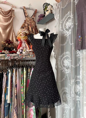 Black halter-neck polka dot A-line short ball gown with a fitted waist R7446