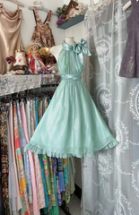 Light green halter neck fitted waist A-line midi ball gown R7795