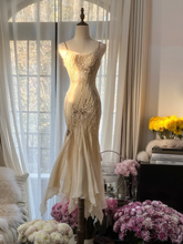 Light apricot halter-neck fitted waist bodycon long ball gown R7723