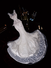 White tank top with beaded lace-up fitted long ball gown R6887
