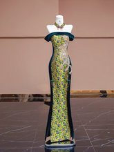 Yellow-based, green floral print, off-the-shoulder, fitted, long ball gown R8336