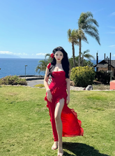 Pure desire hot girl red chiffon suspender dress irregular ruffle sexy slit holiday long skirt R0218