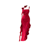 Red suspender dress 2025 new holiday slim ruffle irregular temperament long skirt R0058