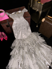 Grayish-white halter-neck fitted waist slim-fit tiered skirt long ball gown R7043