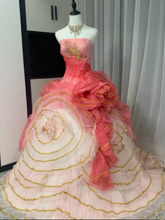 Pink Strapless Fitted-Waist Slim-Fit Prom Dress with Floral Details and a Princess-Style Puffy Skirt R6525