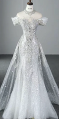 White rhinestone off-shoulder fitted mermaid skirt ball gown R6443