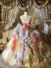 Soft floral print strapless waist-cinching princess skirt long ball gown R6485