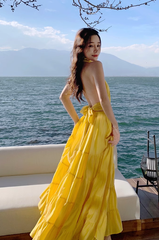 Beach holiday dress hides flesh and makes you look thin. Yellow backless French long skirt R0181